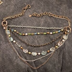 Multi-Strand Necklace "SR" Chain Links Colored Beads/Gems